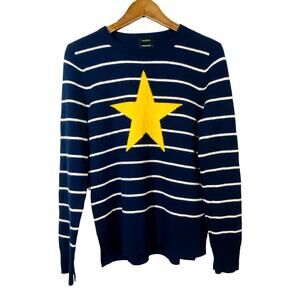 Halogen Crewneck Cashmere Wool Blend Sweater Star Stripe Blue Gold - M